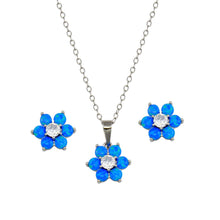 Load image into Gallery viewer, Sterling Silver Rhodium Plated Blue Opal and Clear CZ Flower Earring and Pendant Set