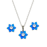 Sterling Silver Rhodium Plated Blue Opal and Clear CZ Flower Earring and Pendant Set