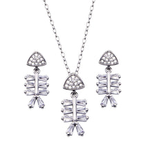 Load image into Gallery viewer, Sterling Silver Rhodium Plated Fishbone Baguette Clear CZ Earring And Pendant Set