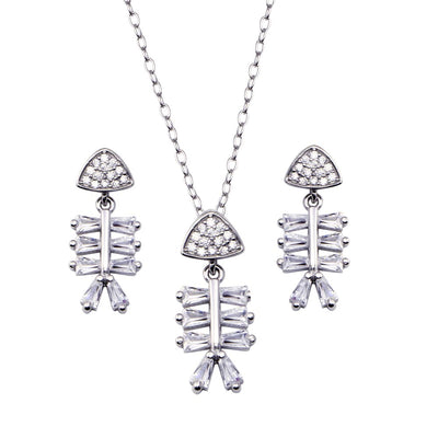 Sterling Silver Rhodium Plated Fishbone Baguette Clear CZ Earring And Pendant Set
