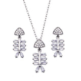 Sterling Silver Rhodium Plated Fishbone Baguette Clear CZ Earring And Pendant Set
