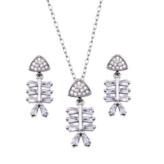 Sterling Silver Rhodium Plated Fishbone Baguette Clear CZ Earring And Pendant Set