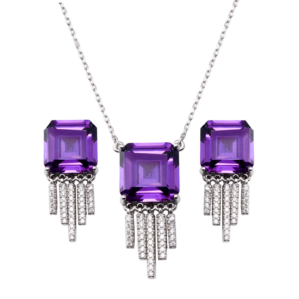 Sterling Silver Rhodium Plated Square Halo Amethyst Dangling Clear CZ Earring And Pendant Set