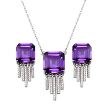 Load image into Gallery viewer, Sterling Silver Rhodium Plated Square Halo Amethyst Dangling Clear CZ Earring And Pendant Set