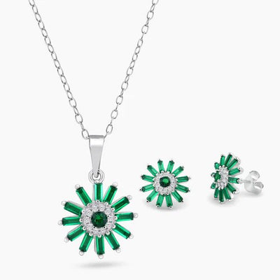 Sterling Silver Rhodium Plated Green CZ Sun Flower CZ Sets