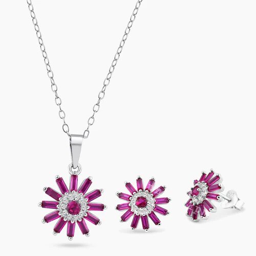 Sterling Silver Rhodium Plated Red CZ Sun Flower CZ Sets