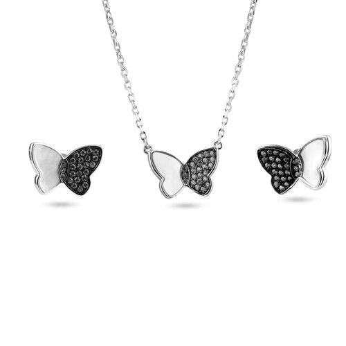 Sterling Silver Rhodium Plated Clear CZ and Mother of Pearl Earring and Pendant Set
