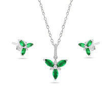 Load image into Gallery viewer, Sterling Silver Rhodium Plated Flower Green and Clear CZ Earring and Pendant Set