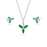 Sterling Silver Rhodium Plated Flower Green and Clear CZ Earring and Pendant Set