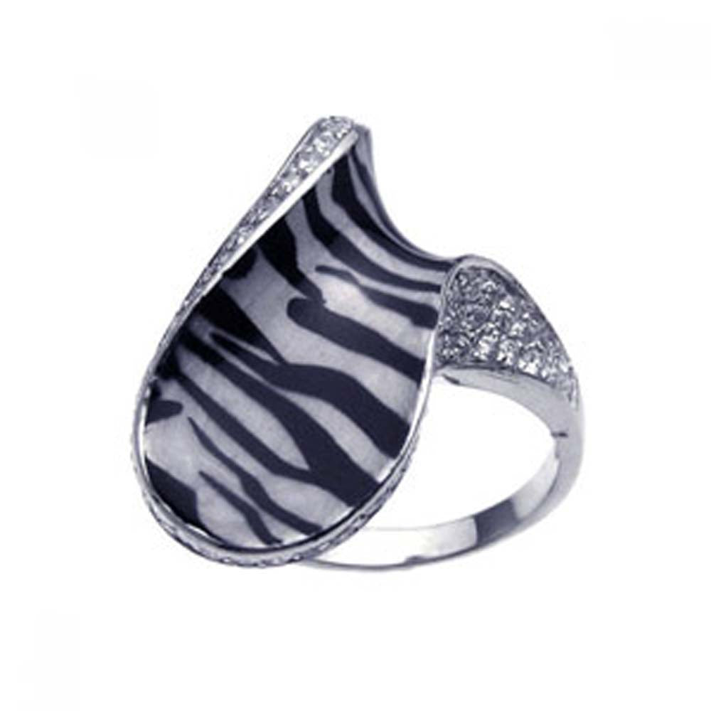 Sterling Silver Fancy Folded Style Zebra Print Design Inlaid with Clear Czs Ring