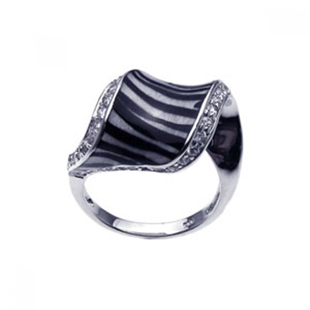 Sterling Silver Twist Wave Zebra Print Design Inlaid with Clear Czs Ring