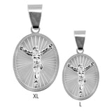 Sterling Silver High Polished Large Diamond Cut  Border Oval Crucifix Medallion Pendant