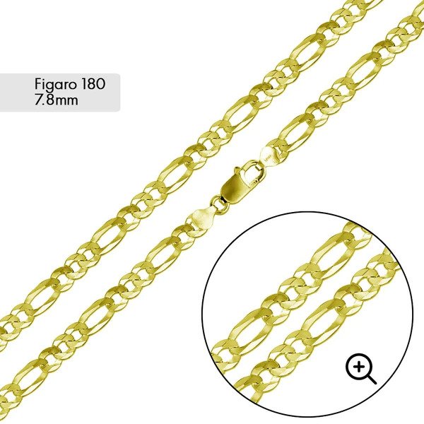 Sterling Silver Super Flat Gold Plated Figaro 180-7.8mm Chain