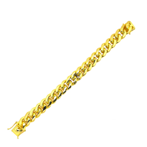 Sterling Silver Gold Plated Miami Cuban Box Lock Bracelet Hip Hop Chain Width-14.5mm, Length-8inches, Weight-94.2grams