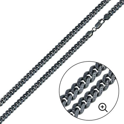 Sterling Silver Black Rhodium Miami Curb Platinlux Plated 180-6.3mm One Sided Pyramid Pave Chain