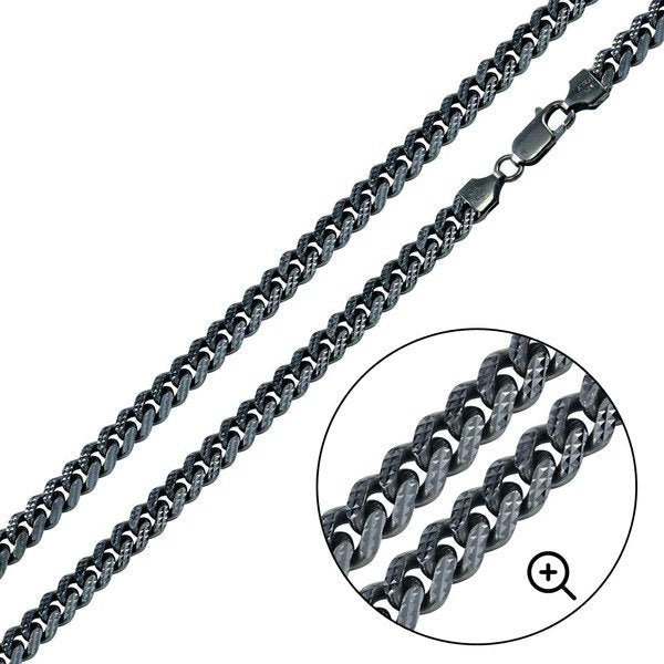Sterling Silver Miami Curb Platinlux Plated 200-7mm One Sided Pyramid Pave Chain