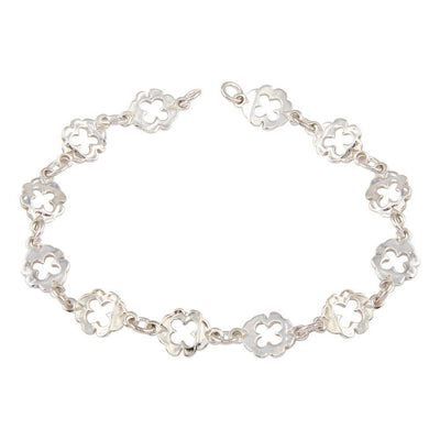 Sterling Silver Open Clover Leaves Charm Link Bracelet