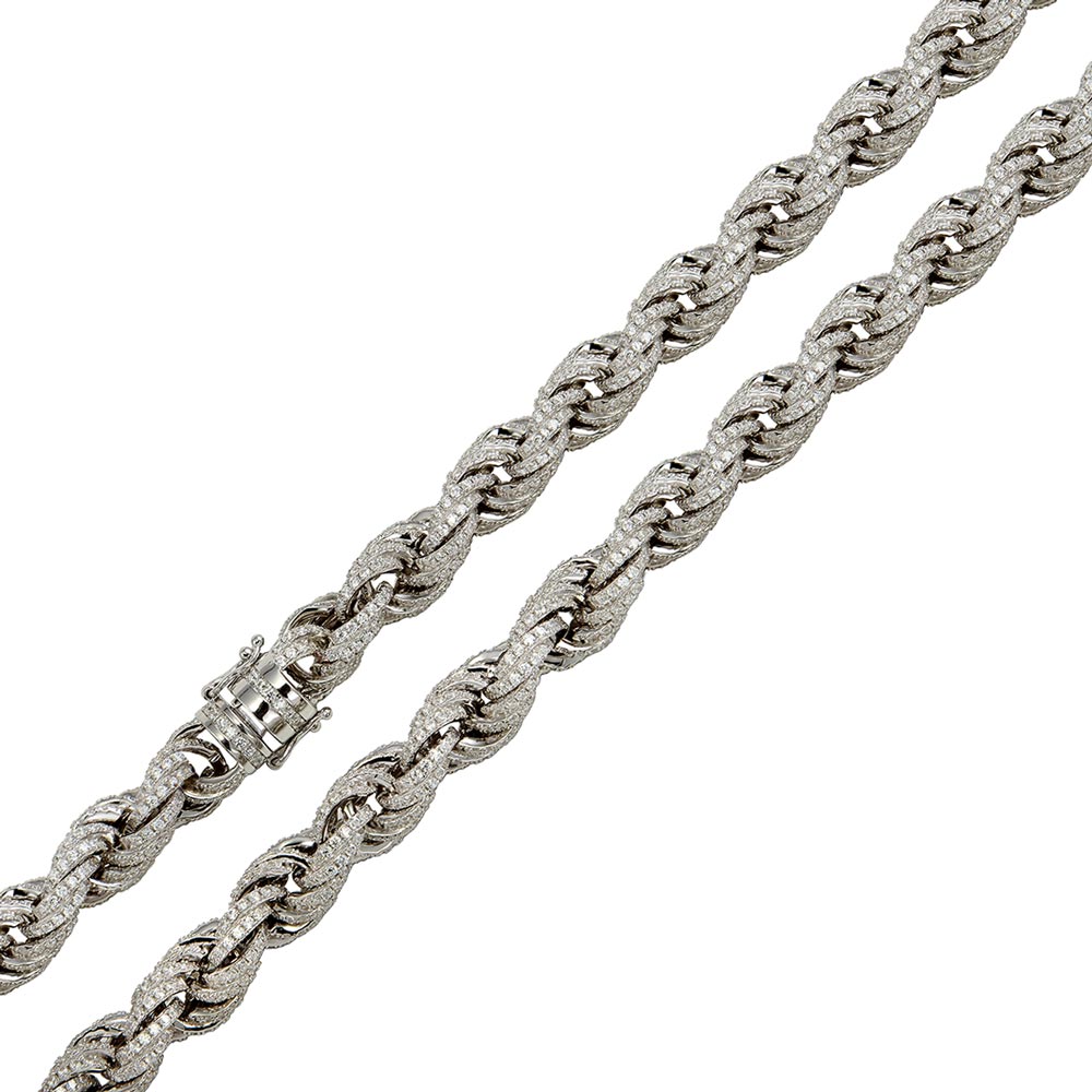 Sterling Silver Rhodium Plated CZ 9.7mm Encrusted Rope Chains