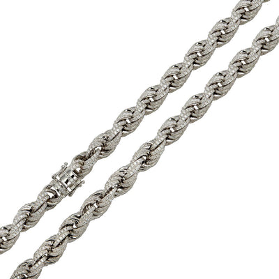 Sterling Silver Rhodium Plated CZ 9.7mm Encrusted Rope Chains