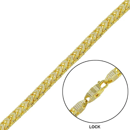 Sterling Silver Gold Plated CZ Encrusted Franco Hip Hop Bracelet Width-7mm