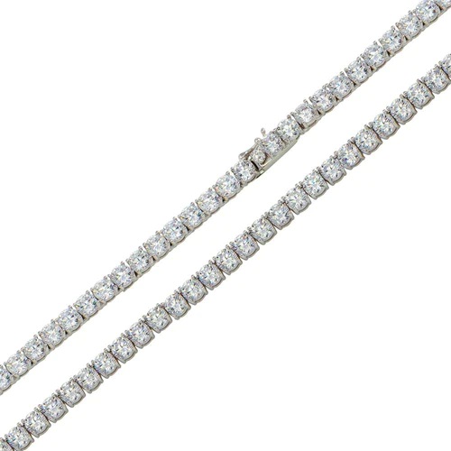 Sterling Silver Rhodium Plated Round CZ Link Hip Hop Chain Width-4mm