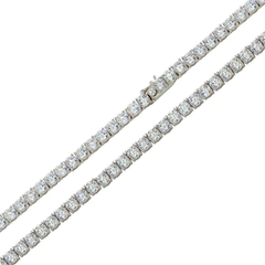 Sterling Silver Rhodium Plated Round CZ Link Hip Hop Chain Width-4mm