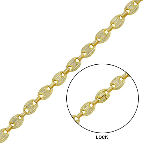 Sterling Silver Gold Plated CZ Encrusted Oval Link Hip Hop Bracelet Width-10.5mm