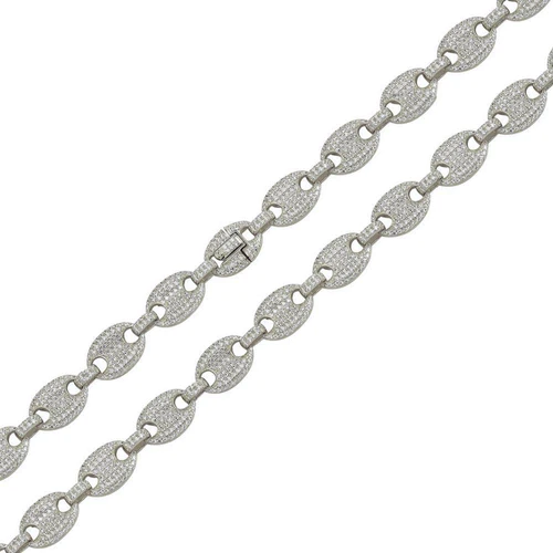 Sterling Silver Rhodium Plated CZ Encrusted Oval Link Hip Hop Chain Width-10.5mm