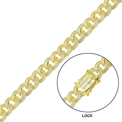 Sterling Silver Gold Plated Baguette CZ Encrusted Curb Hip Hop Bracelet Width-10.9mm