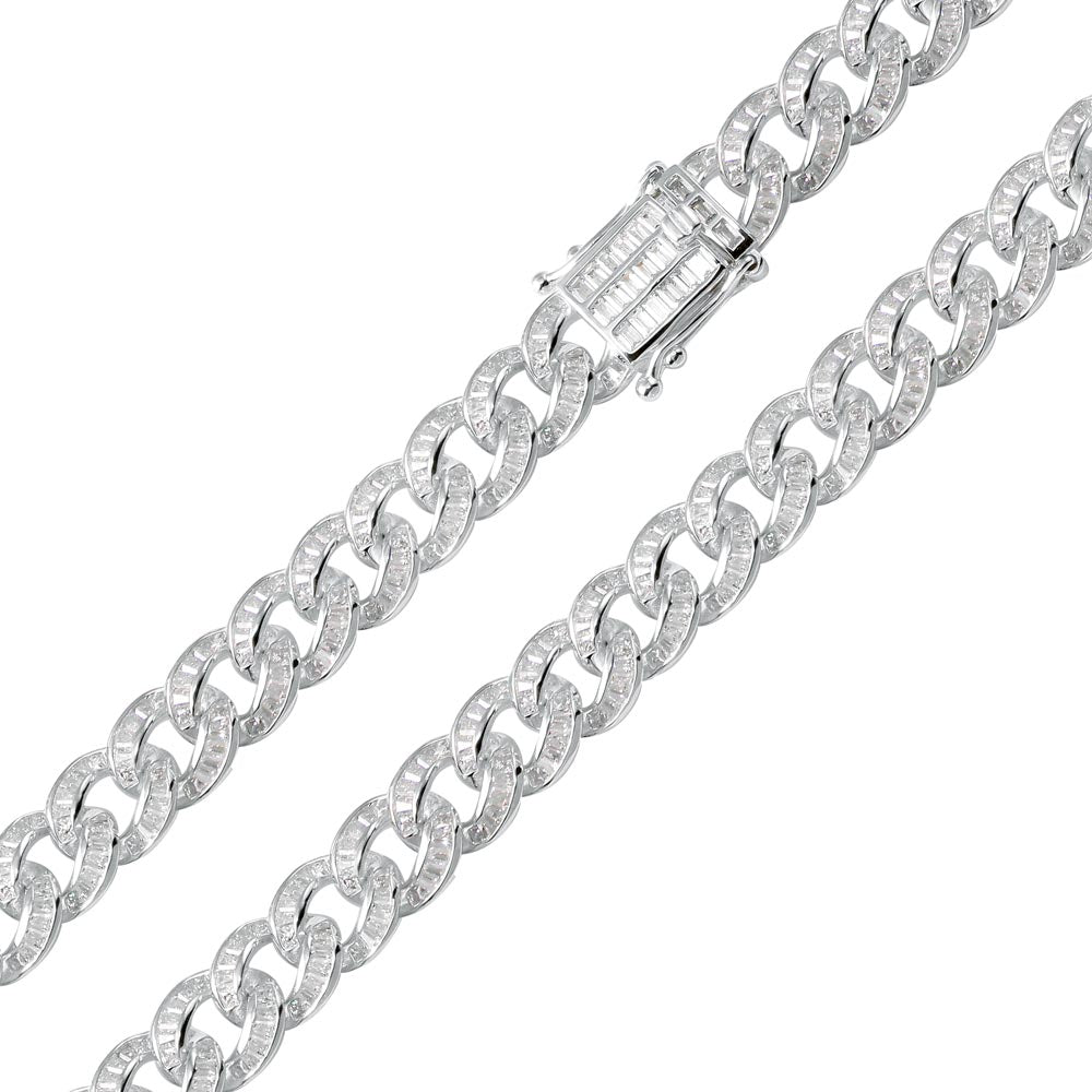 Sterling Silver Rhodium Plated 10.9mm Baguette CZ Encrusted Curb Chains