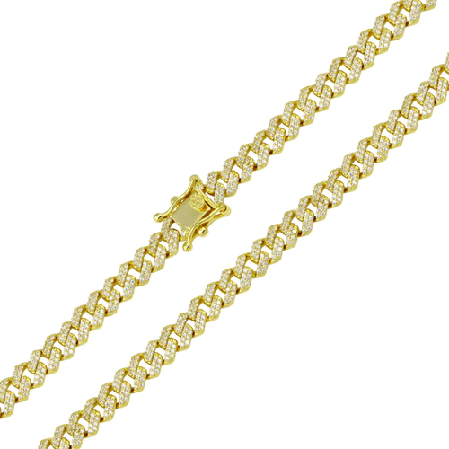 Sterling Silver Gold Plated CZ Encrusted Curb Hip Hop Chain Width-7.2mm
