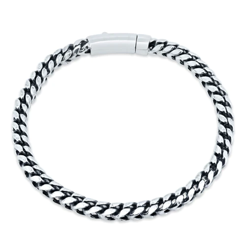 Sterling Silver Rhodium Plated Round Franco Bracelet With Bar Lock Hip Hop Chain Width-5.4mm, Length-8.5inches, Weight-18grams