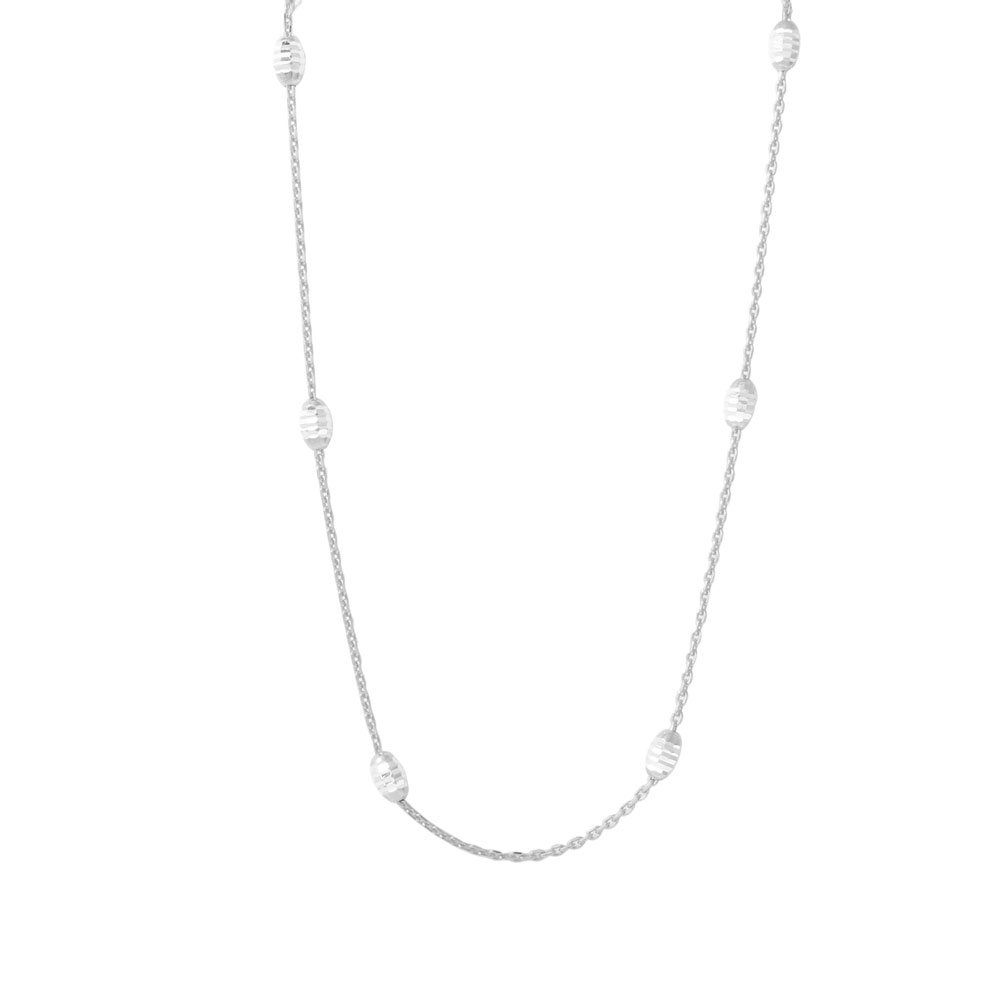 Sterling Silver Classy Rhodium Plated Italian Necklace with Multi Diamond Cut Oval BeadsAnd Closure: Lobster Clasp Closure Length: 36