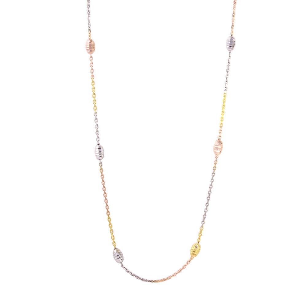 Sterling Silver Classy Three-Toned Italian Necklace with Multi Diamond Cut Oval BeadsAnd Closure: Lobster Clasp Closure Length: 36