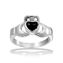 Load image into Gallery viewer, Sterling Silver High Polished Claddagh Ring with Black Heart