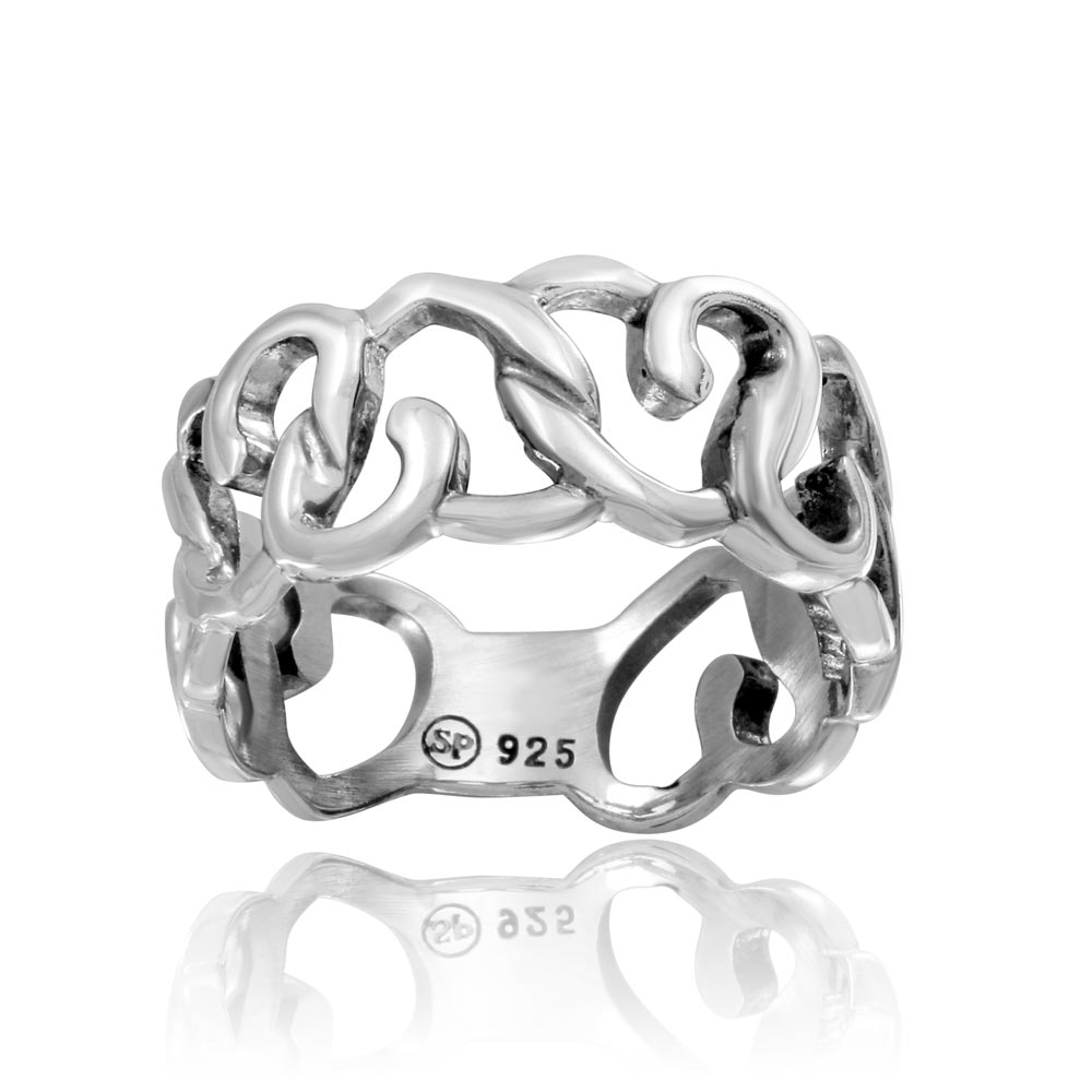 Sterling Silver High Polished Linked Hearts Ring