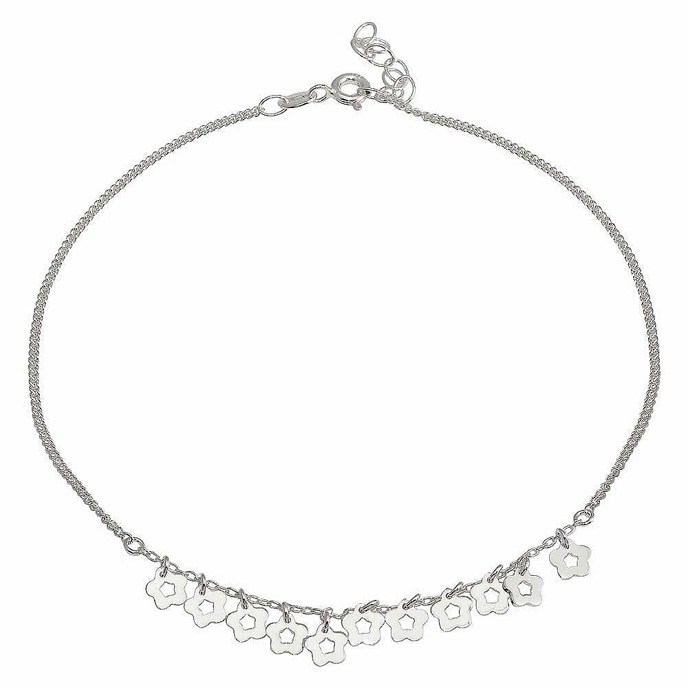 Sterling Silver Rhodium Plated Dangling Flower Anklets