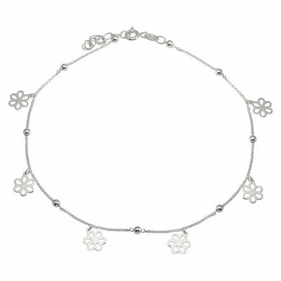 Sterling Silver Rhodium Plated Dangling Flower Anklets