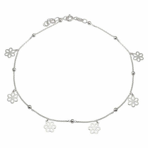 Sterling Silver Rhodium Plated Dangling Flower Anklets