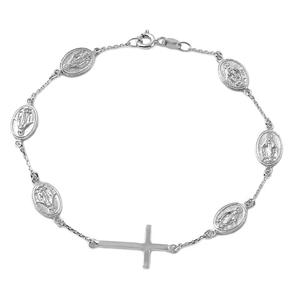 Sterling Silver Rhodium Plated Cross with Religious Charms Bracelet