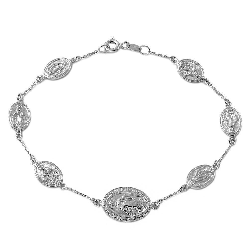 Sterling Silver Rhodium Plated Religious Medallion Charm Bracelet