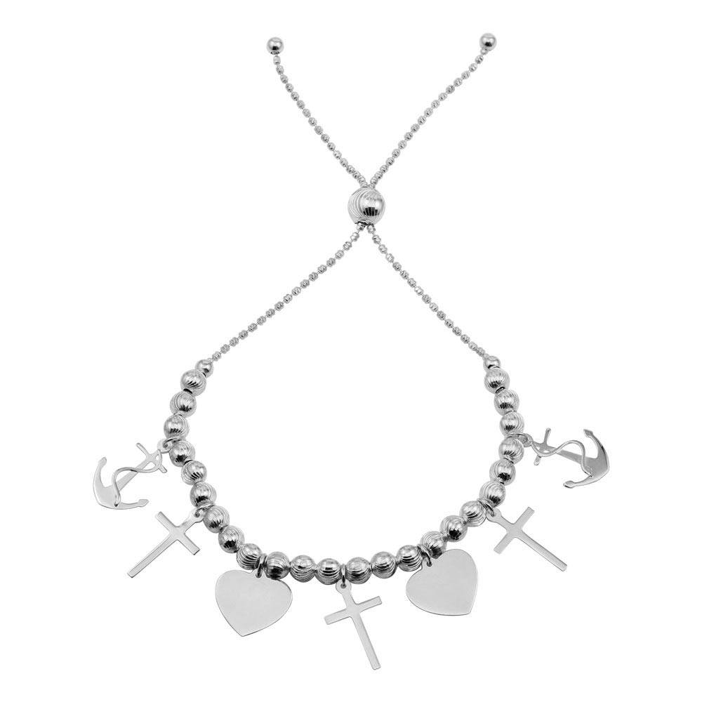 Sterling Silver Rhodium Plated HeartAnd CrossAnd and Rhodium Charm Bracelet