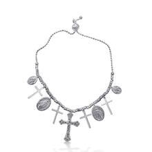 Load image into Gallery viewer, Sterling Silver Rhodium Plated Cross and Medallion Charm Bracelet