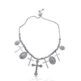 Sterling Silver Rhodium Plated Cross and Medallion Charm Bracelet
