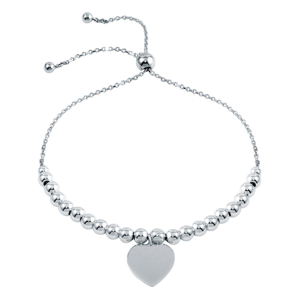 Sterling Silver Rhodium Plated Beaded Engravable Heart Lariat Bracelet