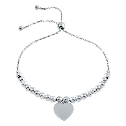 Sterling Silver Rhodium Plated Beaded Engravable Heart Lariat Bracelet
