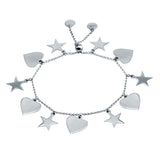 Sterling Silver Rhodium Plated Heart And Star Dangling Bracelet