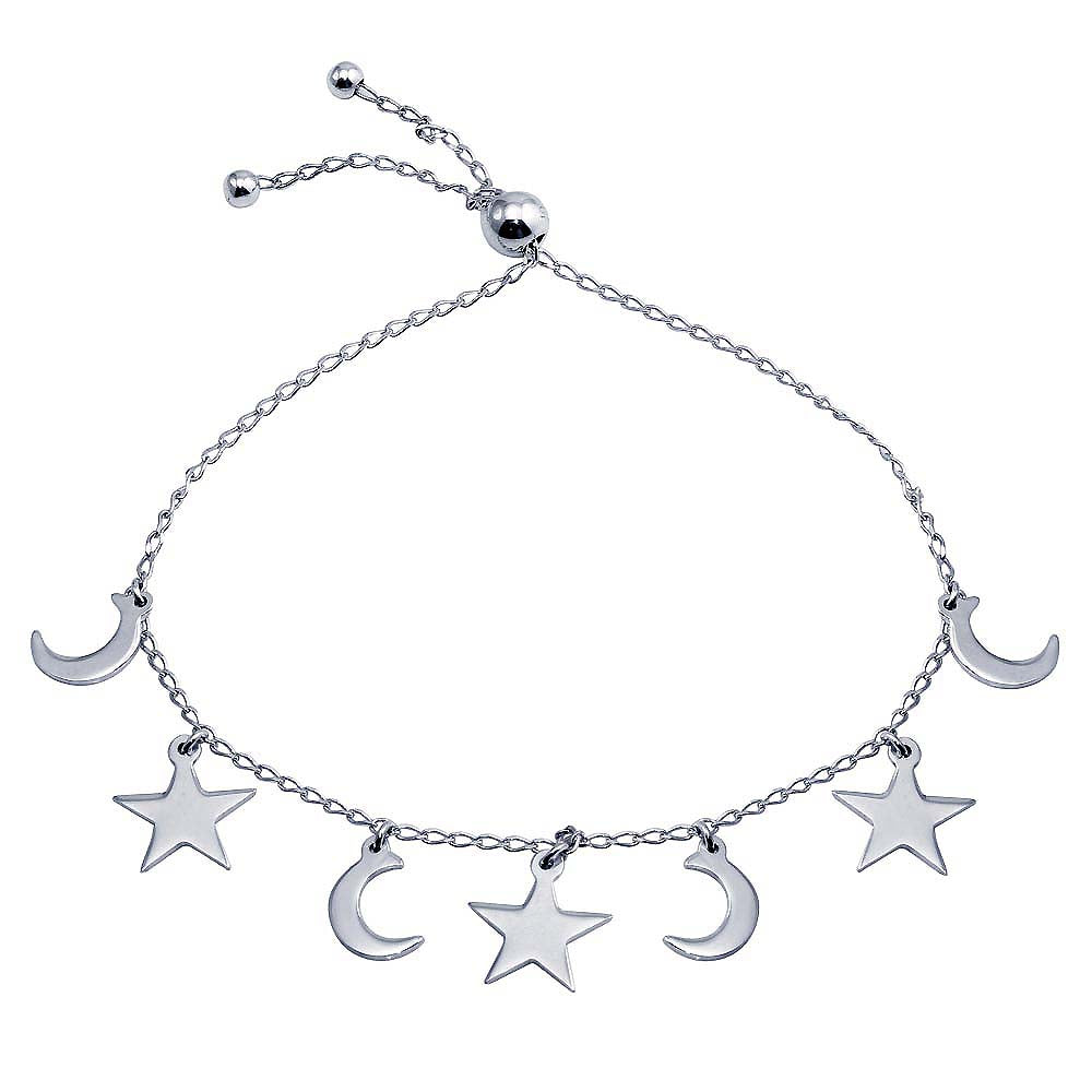 Sterling Silver Rhodium Plated Crescent, Heart And Star Dangling Bracelet