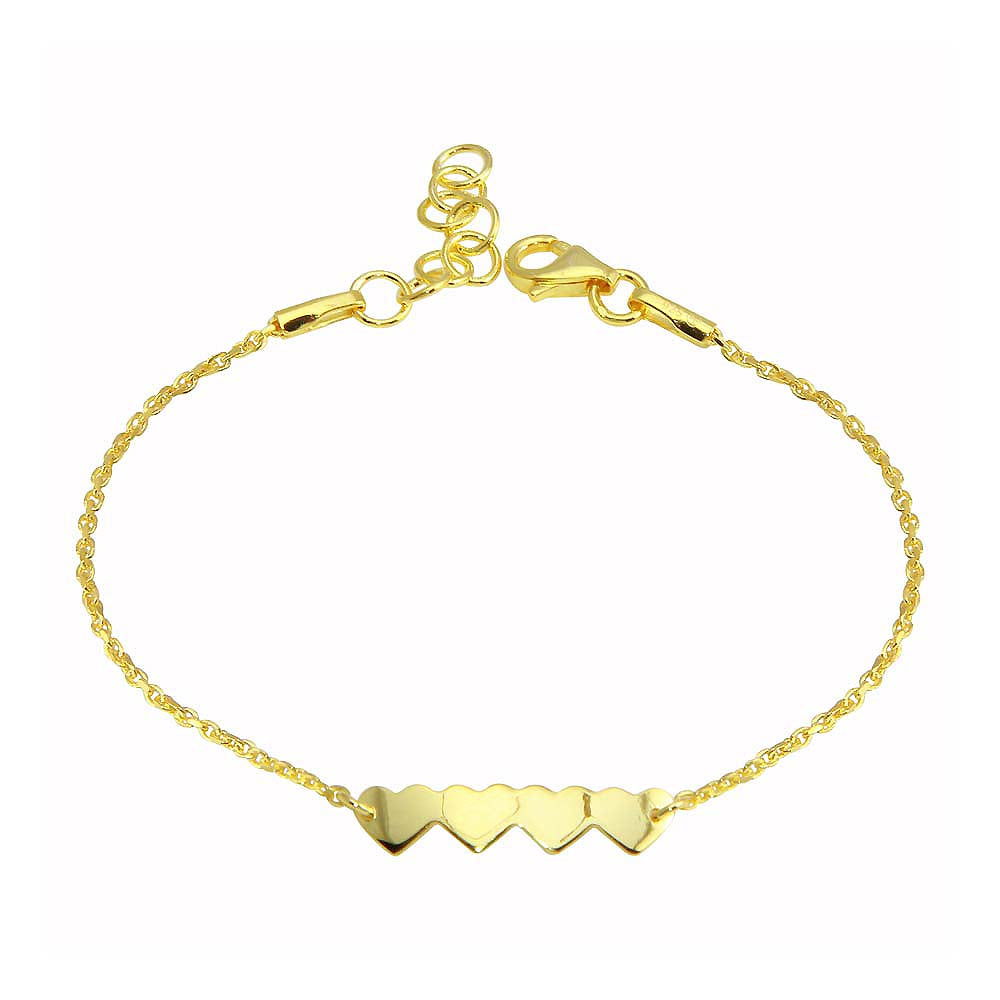 Sterling Silver Gold Plated Four Hearts Chain Bracelet