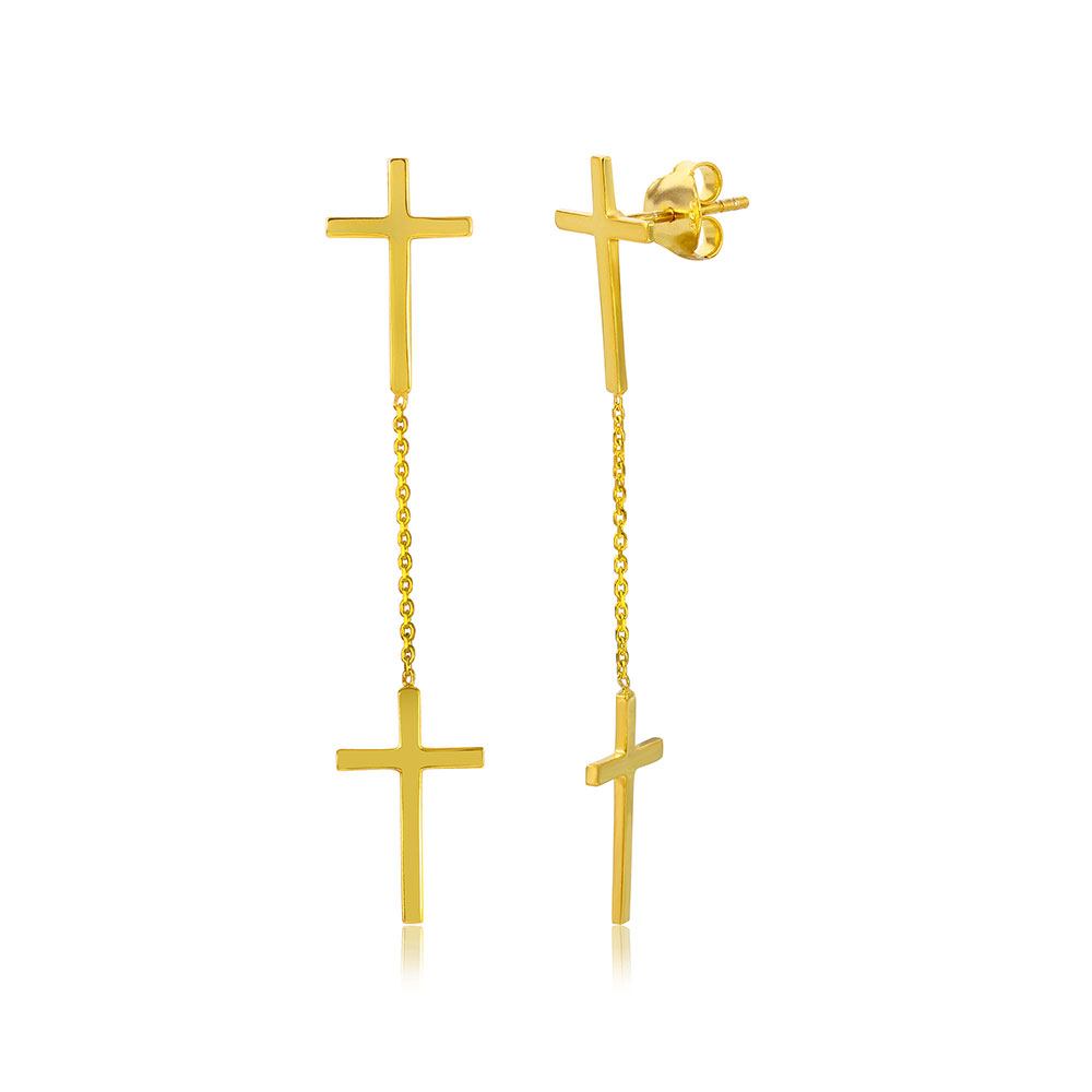 Sterling Silver Gold Plated Double Hanging Cross Shaped Earrings